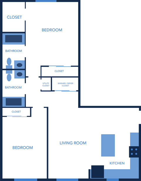 Floor plan for 2 beds, 2 baths, 961 sqft